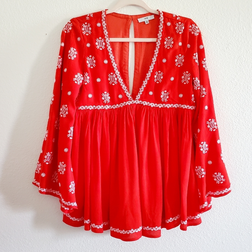 FATE Bohemian Embroidered V Neck Keyhole Tunic Longsleeve Orange XS